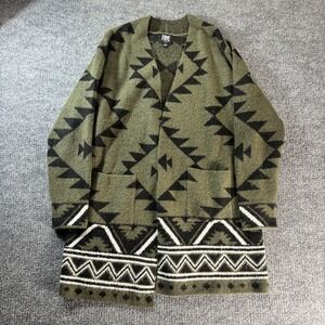 Frye Sweater Womens Large Green Aztec Knit Open Front Long Cardigan Boho Tribal